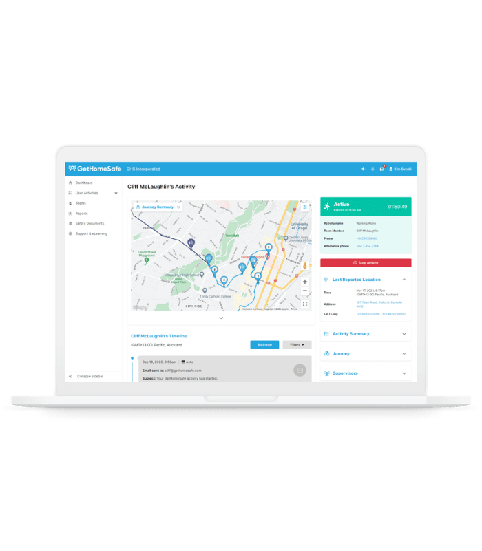 Dashboard showing live worker location while active