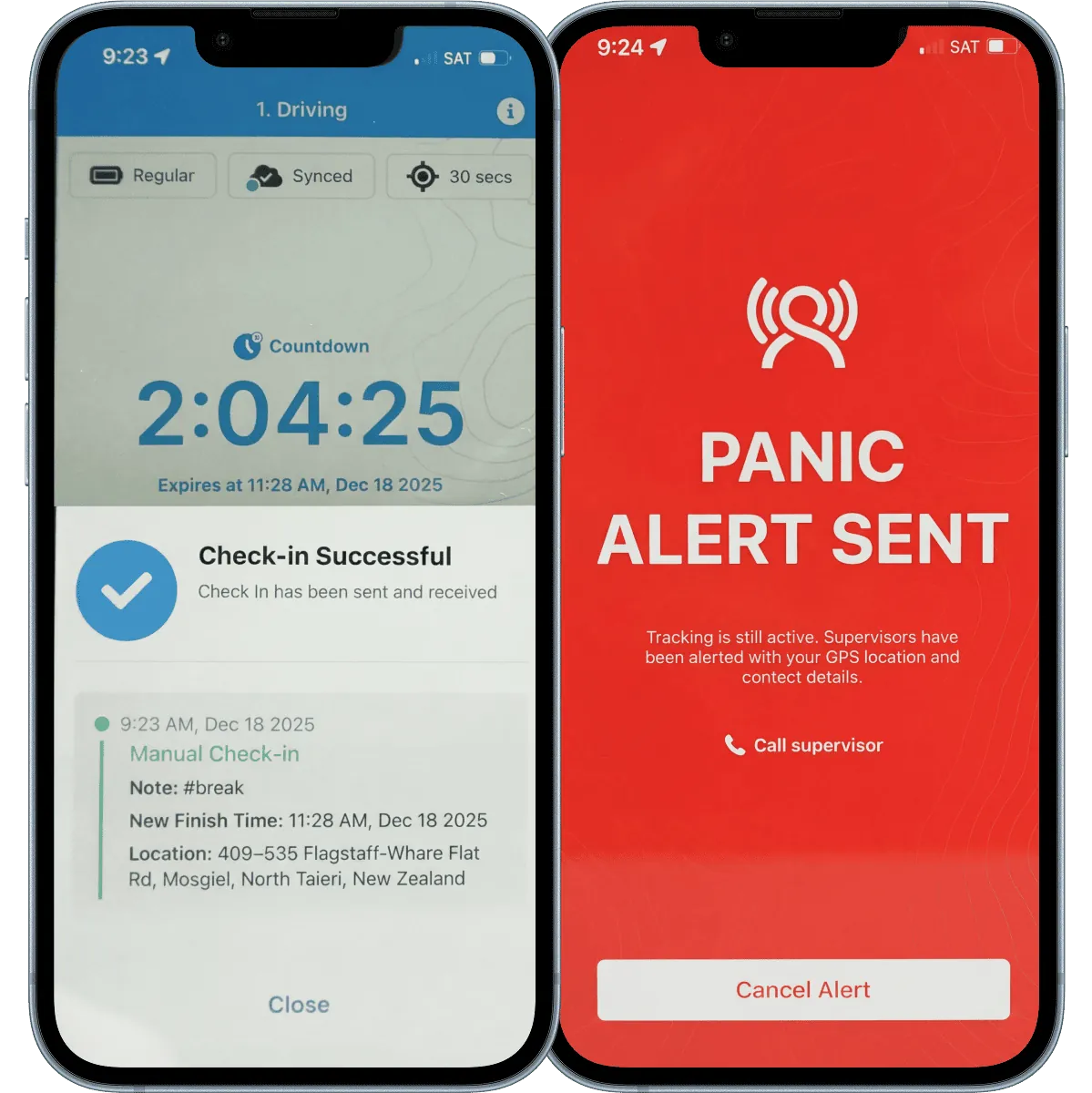 Phones with the screens showing core GetHomeSafe safety functionality for remote workers.