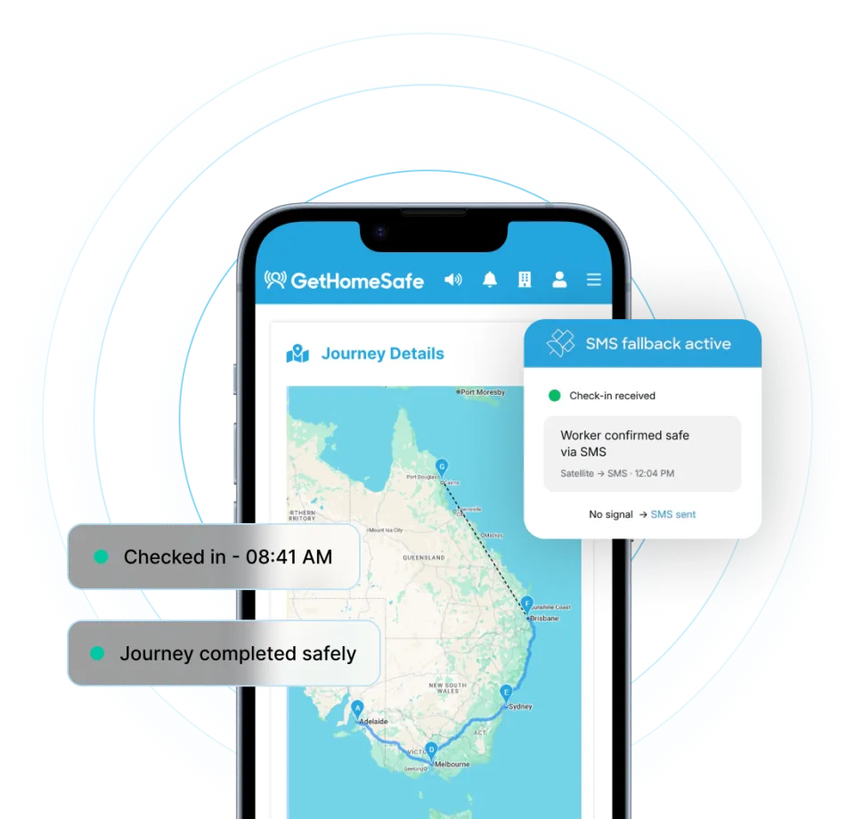 GetHomeSafe app showing a journey across Australia, with check-in and SMS fallback notifications