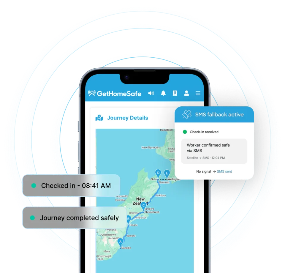 GetHomeSafe app showing a journey across New Zealand, with check-in and SMS fallback notifications