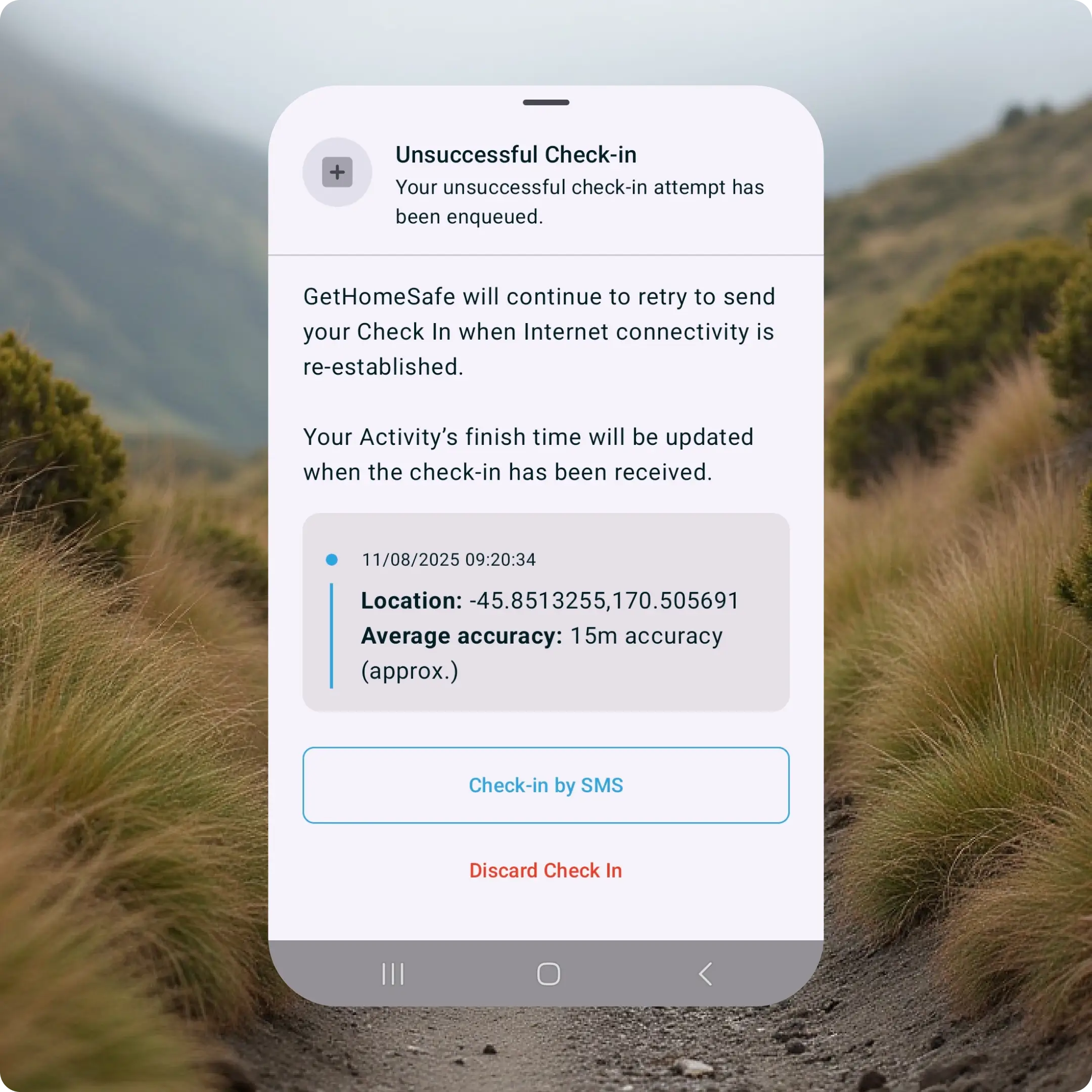 SMS check-in controls on a phone out of coverage.