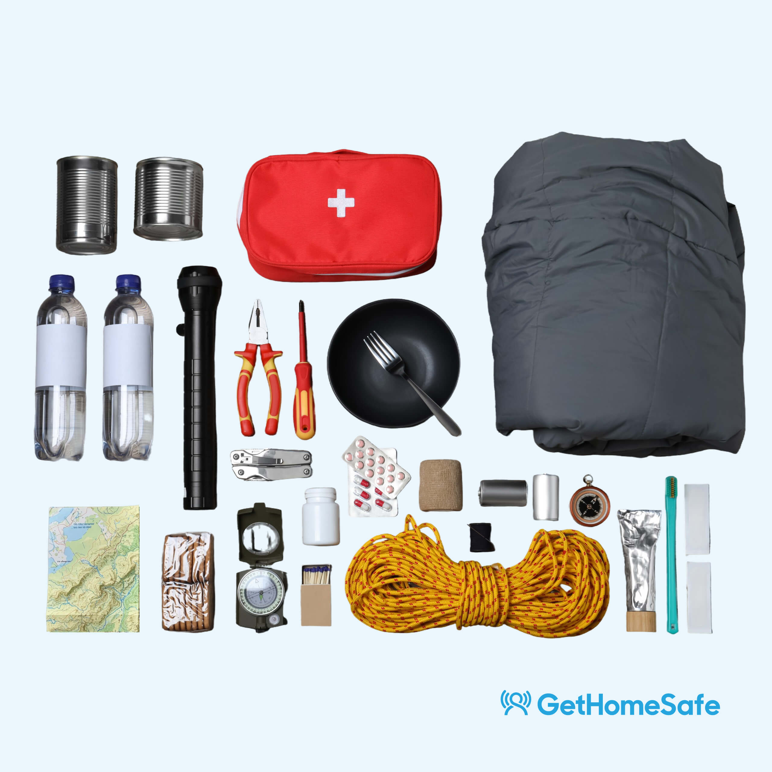 A range of survival equipment that are essential for survival.