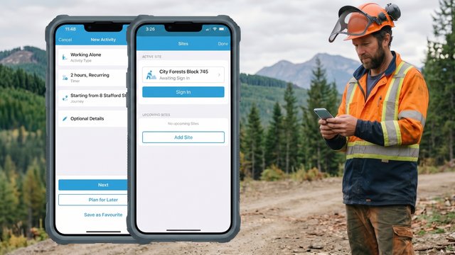 Lone forestry worker with phone overlays showing the GetHomeSafe app