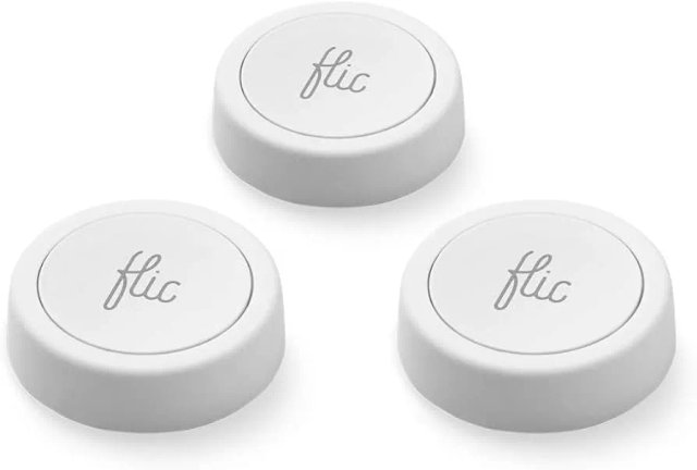 Flic2 Bluetooth button shown in various colours with attachment accessories