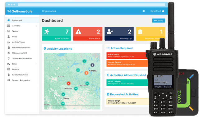GetHomeSafe supervisor dashboard tracking out-of-coverage workers across a Canada map view