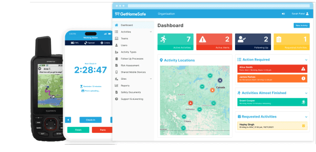 GetHomeSafe supervisor dashboard tracking remote workers across a Canada map view