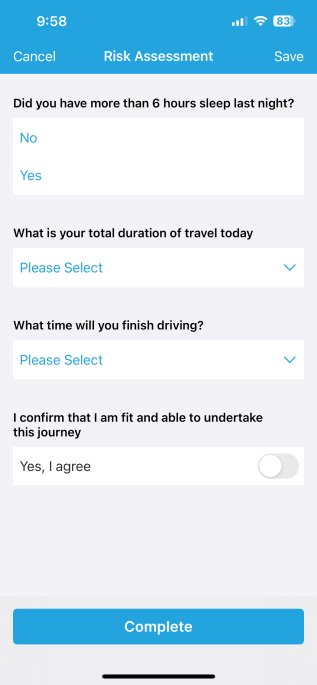 GetHomeSafe mobile app prompting a worker to complete a risk assessment questionnaire