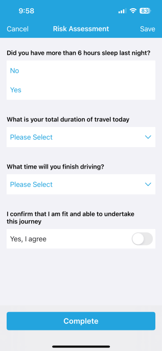 GetHomeSafe mobile app prompting a worker to complete a risk assessment questionnaire