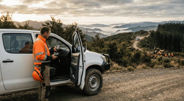 Forestry worker in high-vis gear operating in a remote bush block with radio comms