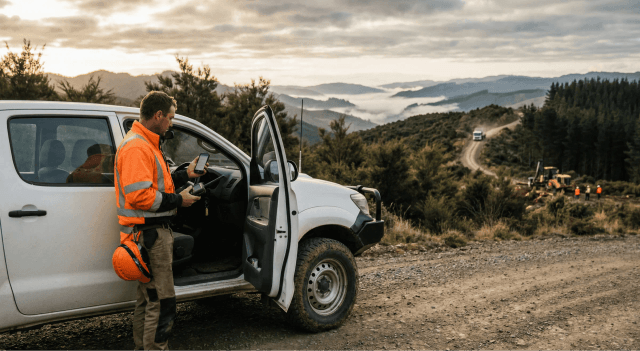 Forestry worker in high-vis gear operating in a remote bush block with radio comms