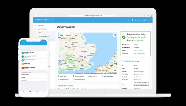 GetHomeSafe web portal and iPhone app showing approved worker activity in the UK