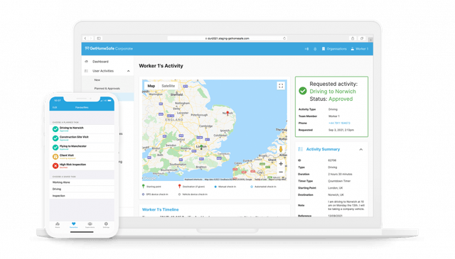 GetHomeSafe web portal and iPhone app showing approved worker activity in the UK