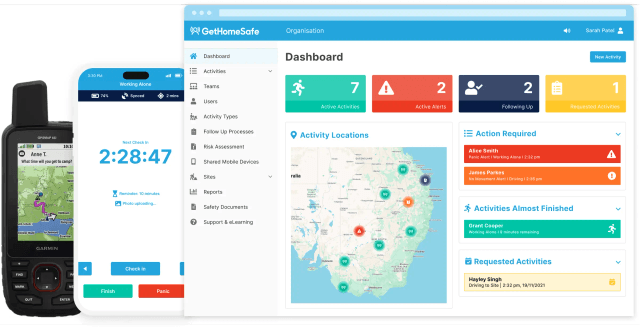 GetHomeSafe supervisor dashboard tracking remote workers across an Australia map view
