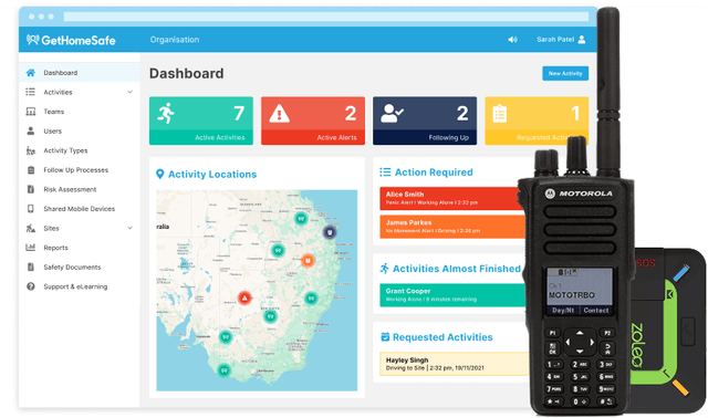 GetHomeSafe supervisor dashboard tracking out-of-coverage workers across an Australia map view