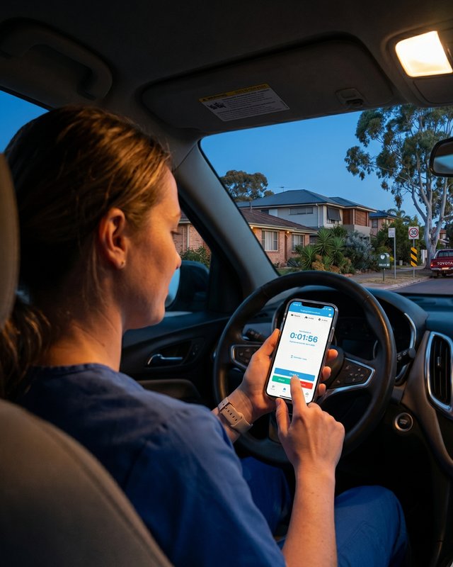 Care worker in her car at night using the app before driving home