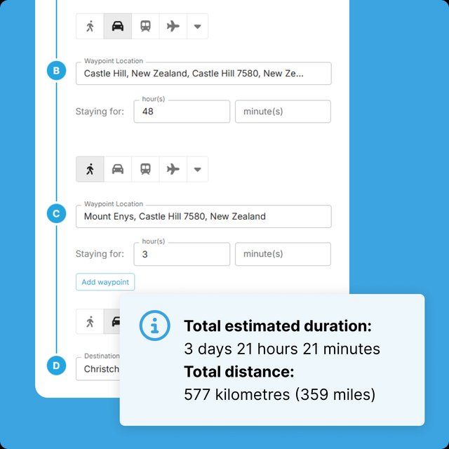 Multi-day-journey showing an estimate of the journey's distance and duration.