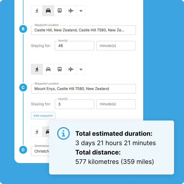 Multi-day-journey showing an estimate of the journey's distance and duration. 