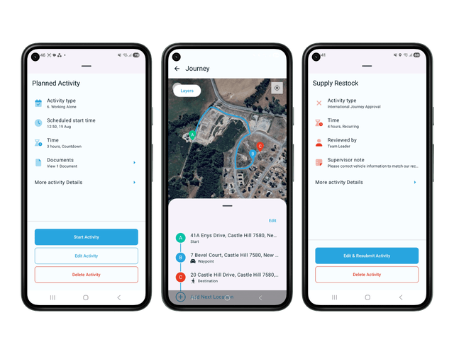 Mock-up of the GetHomeSafe app showing journey editing and favourited activities across three phone screens