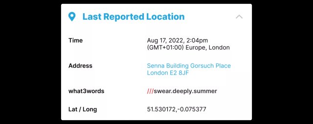 GetHomeSafe app displaying a worker's last reported location with a what3words address