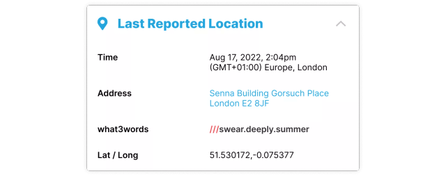 GetHomeSafe app displaying a worker's last reported location with a what3words address