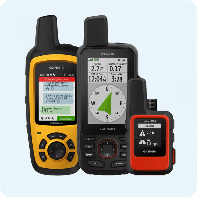 Range of GetHomeSafe-compatible safety devices including satellite communicators, smartphones, and panic buttons