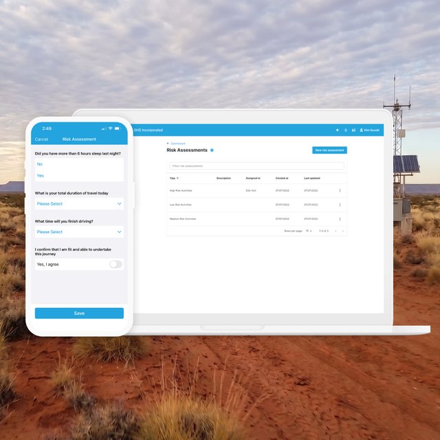 A GetHomeSafe risk assessment form on a phone beside a list of configured risk assessments on a laptop, against the Australian outback