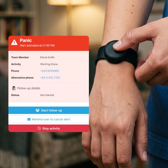 A person pressing a Flic wristband button, overlaid with a GetHomeSafe panic alert card and its follow-up options