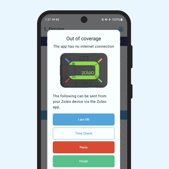 GetHomeSafe offline check-in flow paired with a ZOLEO satellite device