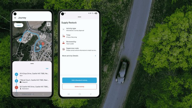 Aerial view of a person walking a rural road with a GetHomeSafe mobile app journey tracking screen overlaid