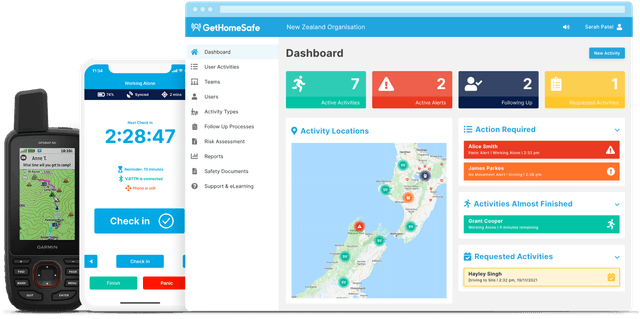 GetHomeSafe lone worker app displayed across phone, tablet, and desktop dashboard screens