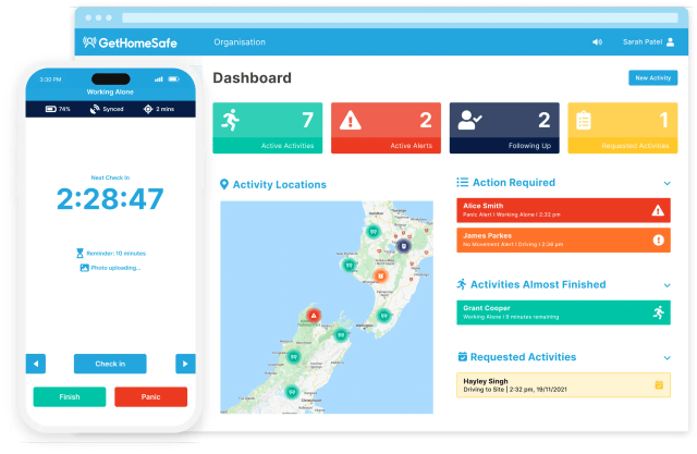 GetHomeSafe supervisor dashboard tracking land and environmental professionals across a New Zealand map view