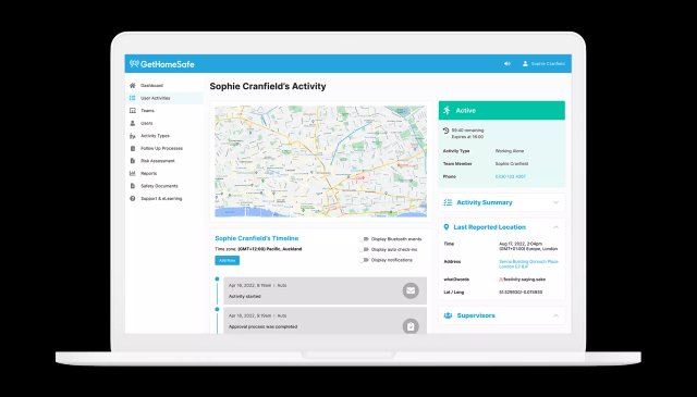 GetHomeSafe web portal activity view showing worker location with what3words reference