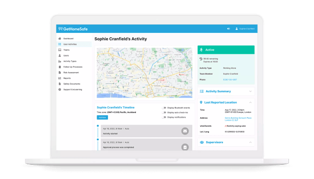 GetHomeSafe web portal activity view showing worker location with what3words reference