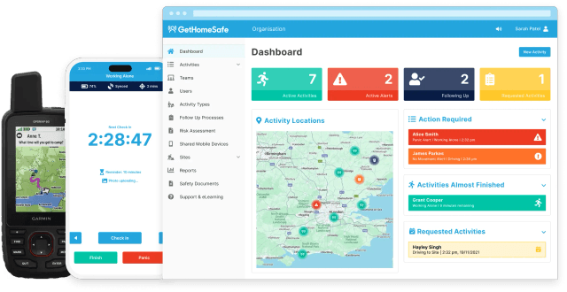 GetHomeSafe supervisor dashboard tracking remote workers across a United Kingdom map view