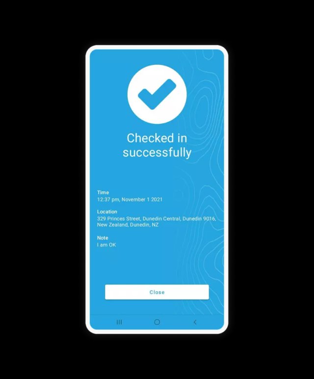 GetHomeSafe Android app showing a successful check-in confirmation