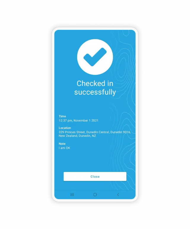 GetHomeSafe Android app showing a successful check-in confirmation