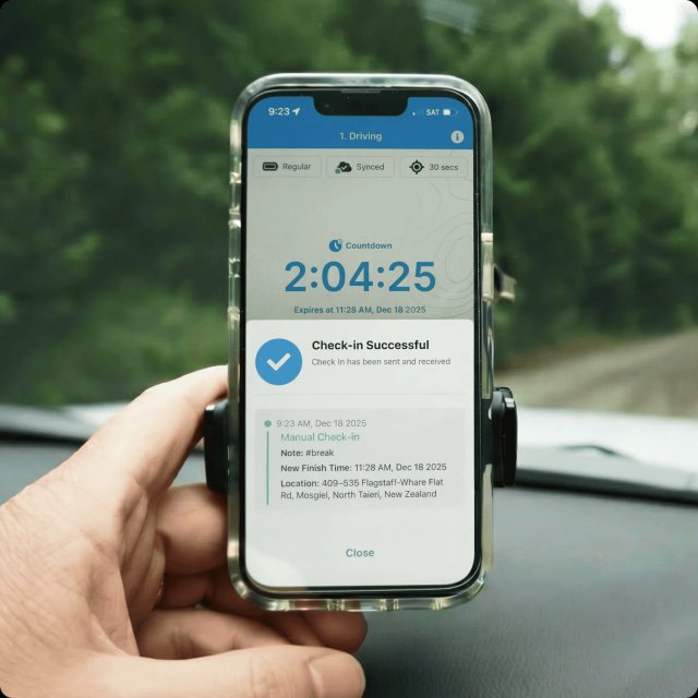 A successful check-in in the GetHomeSafe mobile app, over a direct-to-cell satellite-to-mobile connection.