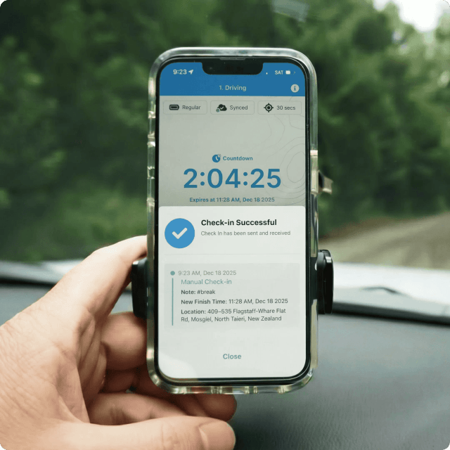 A successful check-in in the GetHomeSafe mobile app, over a direct-to-cell satellite-to-mobile connection.