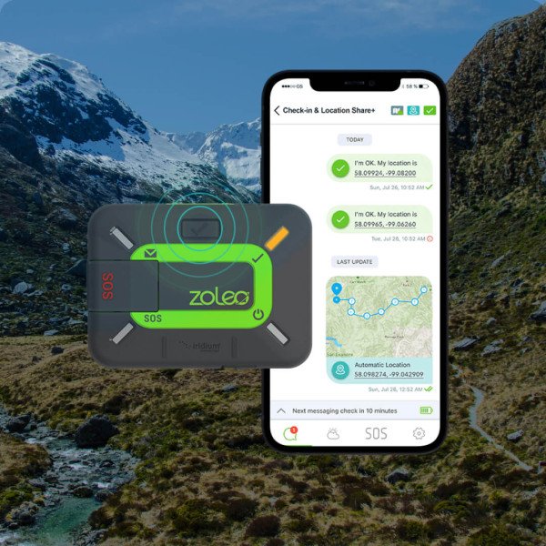 ZOLEO satellite communicator device paired with a smartphone in the outdoors