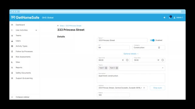 GetHomeSafe site details screen showing worksite configuration fields and project radius