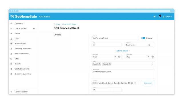 GetHomeSafe site details screen showing worksite configuration fields and project radius