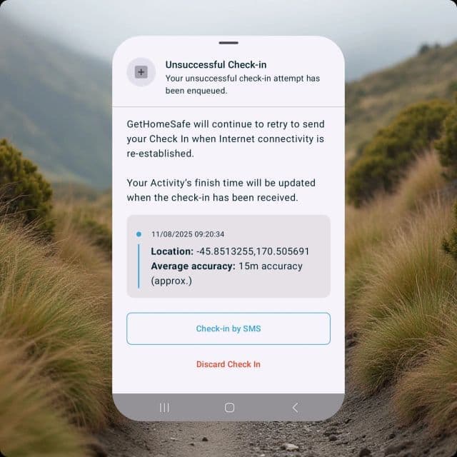 GetHomeSafe's SMS check-in controls on a phone that's out of coverage.