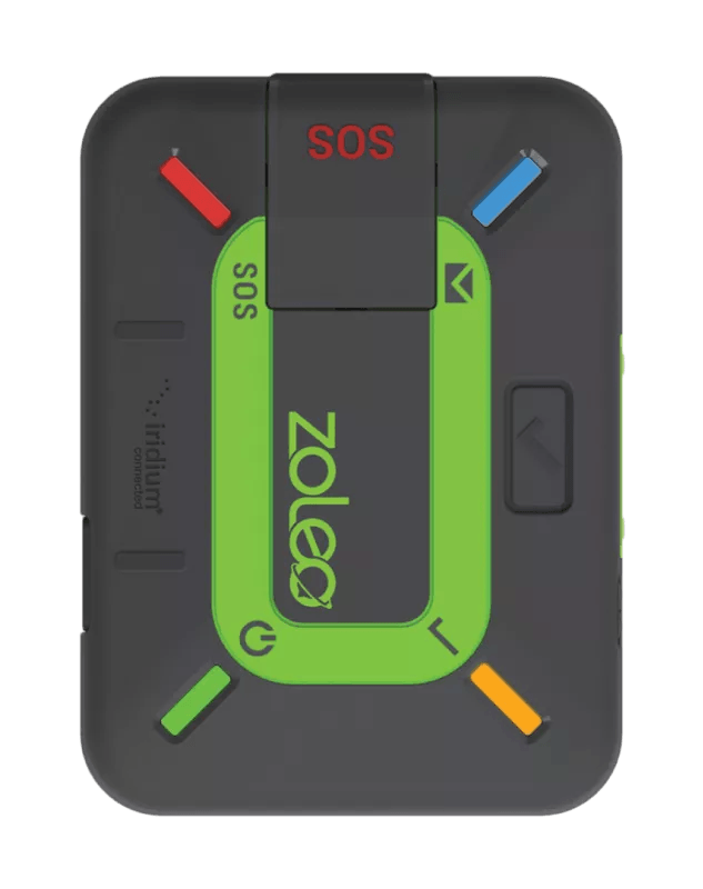ZOLEO satellite communicator device shown in vertical orientation, front view