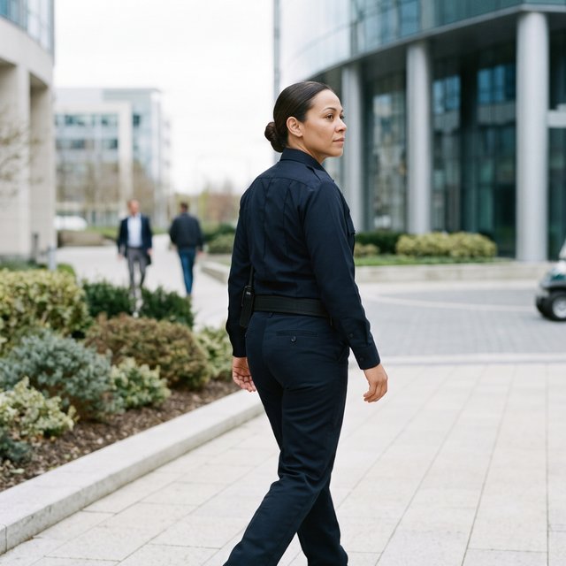 A security officer in uniform walking a patrol past office buildings