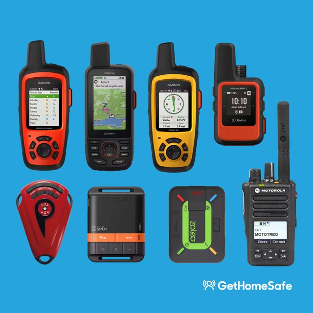 Flatlay of satellite communicators, smartphone, and remote work safety devices