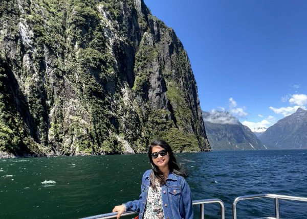 Riya cruising and kayaking the breathtaking views of Milford Sound