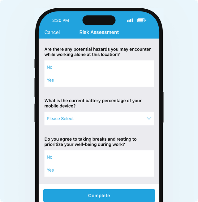 GetHomeSafe dynamic risk assessment form on a mobile device showing worker pre-start questions