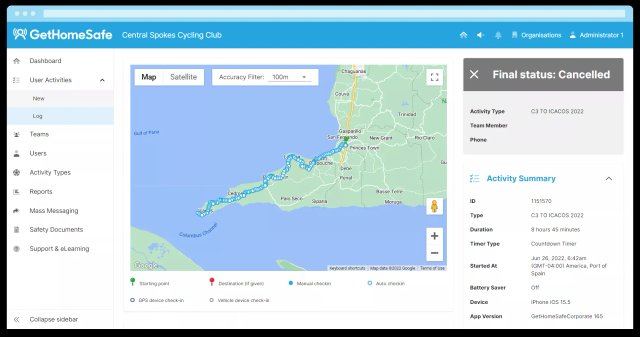 GetHomeSafe web portal mockup tracking Central Spokes Cycling Club ride activity