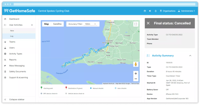 GetHomeSafe web portal mockup tracking Central Spokes Cycling Club ride activity
