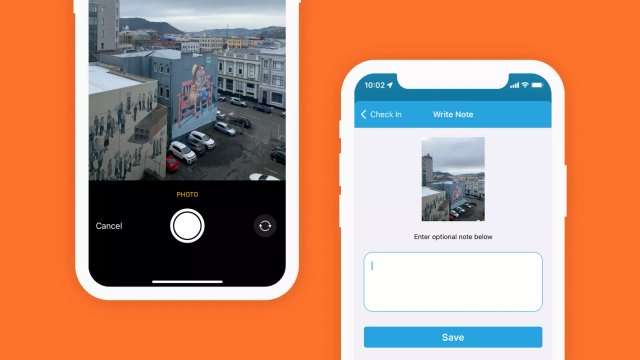 GetHomeSafe photo check-in feature showing a user capturing a worksite photo